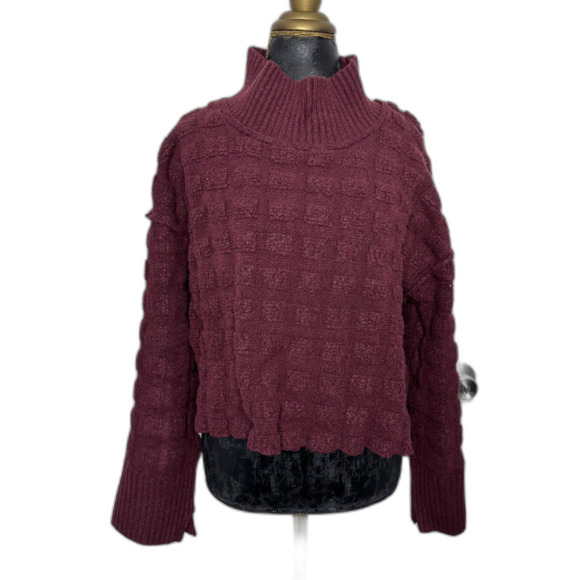 Free People Soul Searcher Sweater Wine Heather Mock Neck Medium Cozy Chunky Knit - Picture 2 of 8
